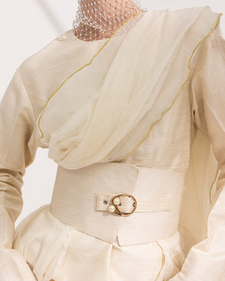 Luminous Diplomat (Look 09) — saree drape and belt detail