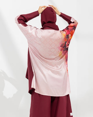 Elegant maroon and blush pink coord set with linen front and silk floral back panel, featuring cuffed kimono sleeves and relaxed linen trousers.