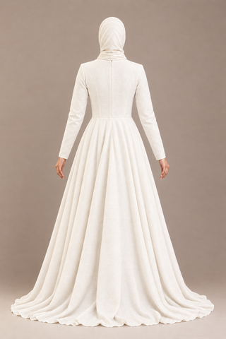 Evolving plain ivory linen circular dress, AI-styled matching model back view showing straight fitted long sleeves, back waist and flowing skirt