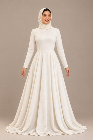 Plain ivory linen circular dress with straight fitted long sleeves; corrected AI-styled model image