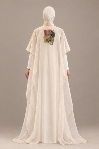 Evolving high-neck organza cape corrected floor-length back, upper-back handwork and continuous sheer organza to the floor; AI-styled model visualization