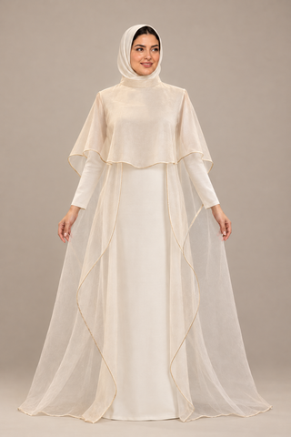 Evolving high-neck organza cape, plain front and long sheer waterfall panels; AI-styled model view