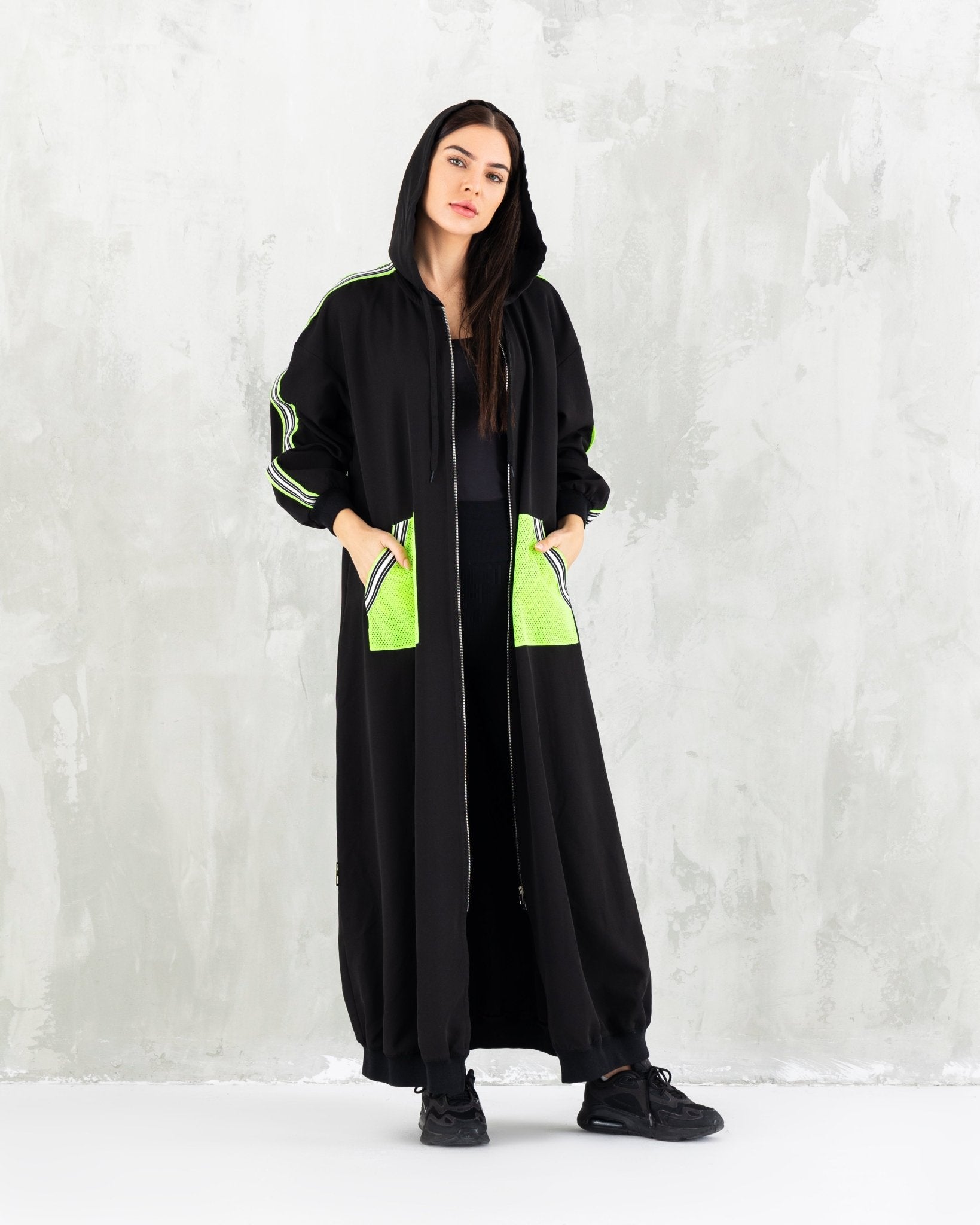 Fluorescent Black Sporty Long Jacket - fashion by shehna