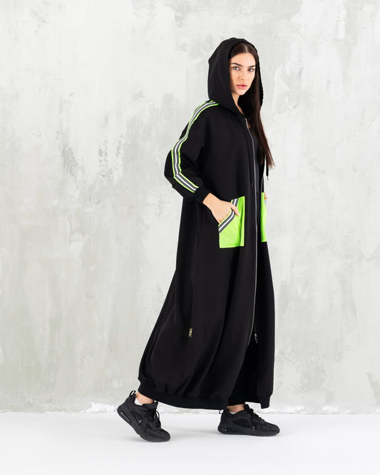 Fluorescent Black Sporty Long Jacket - fashion by shehna