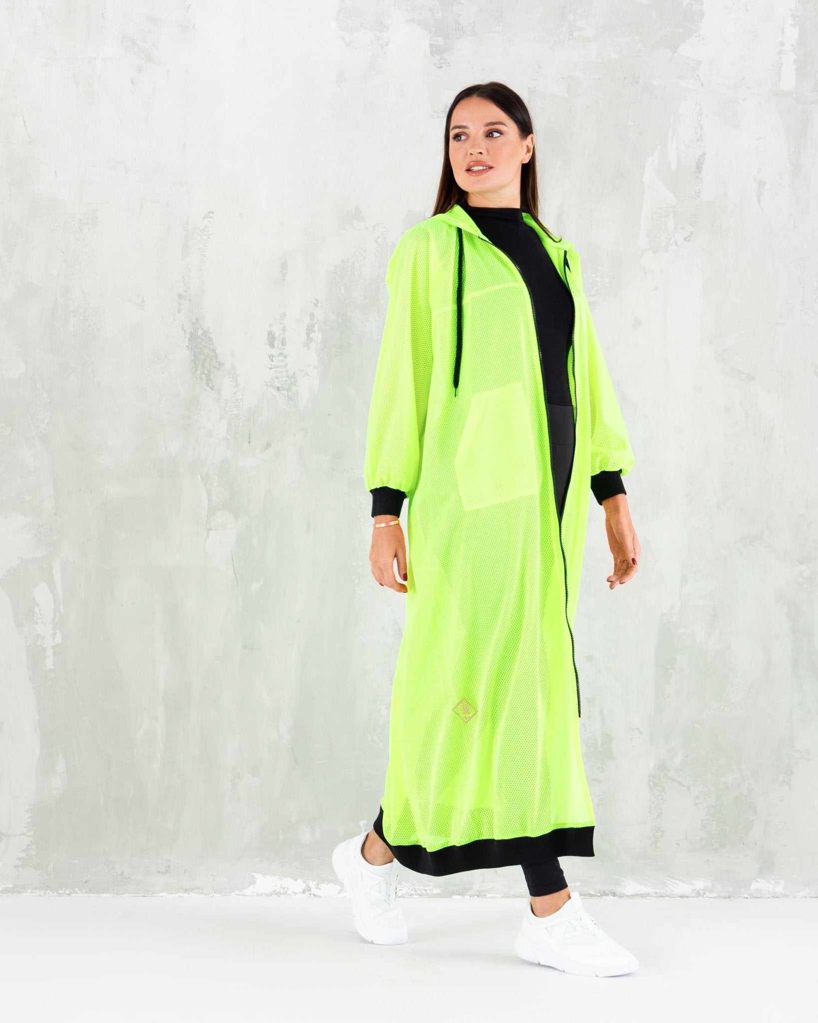 Fluorescent Mesh Yellow Long Jacket - fashion by shehna