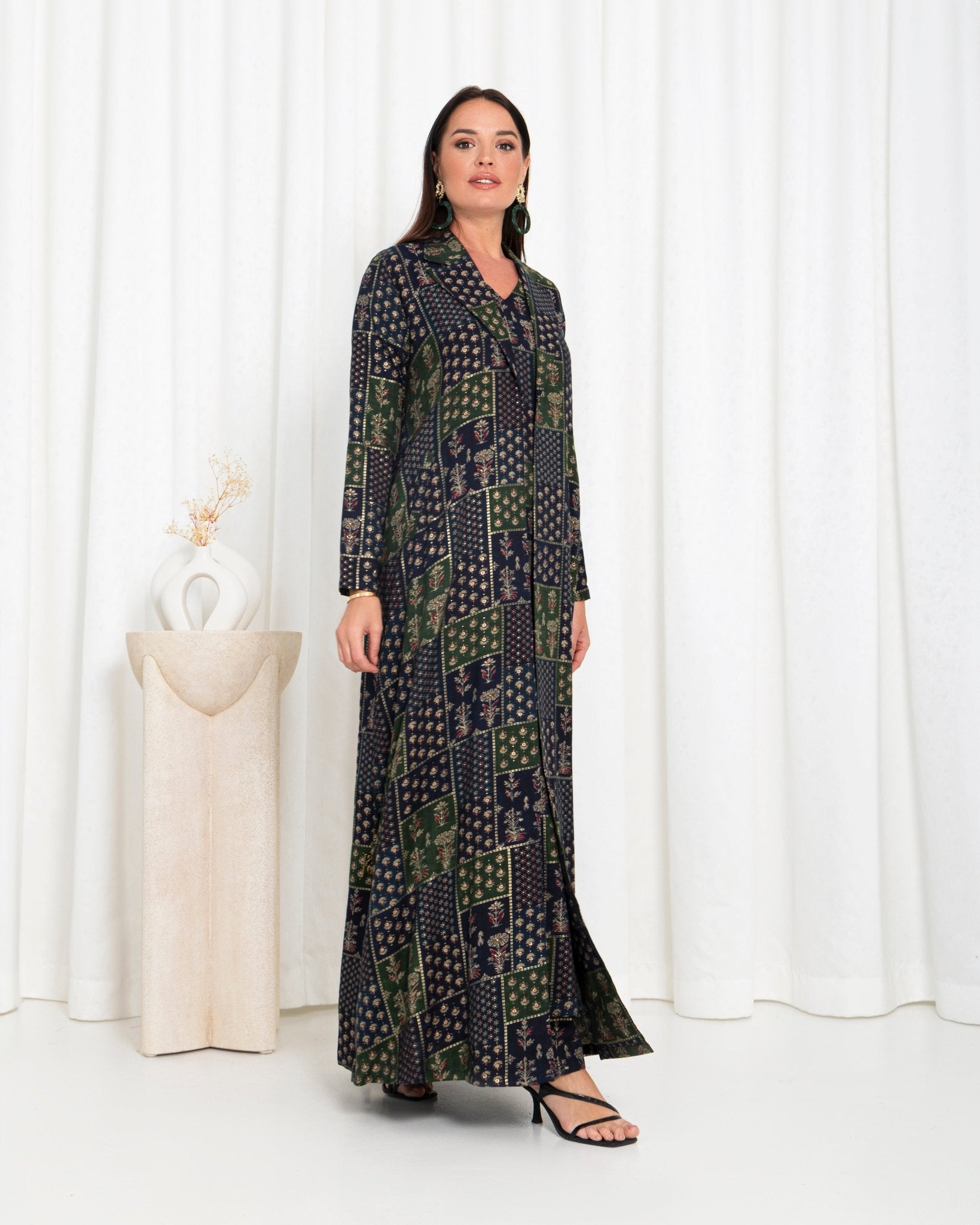 Green Floral Check Jacket Abaya - fashion by shehna