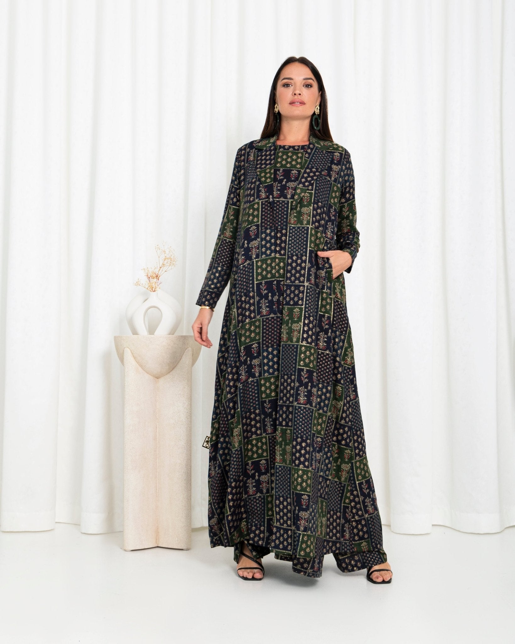 Green Floral Check Jacket Abaya - fashion by shehna