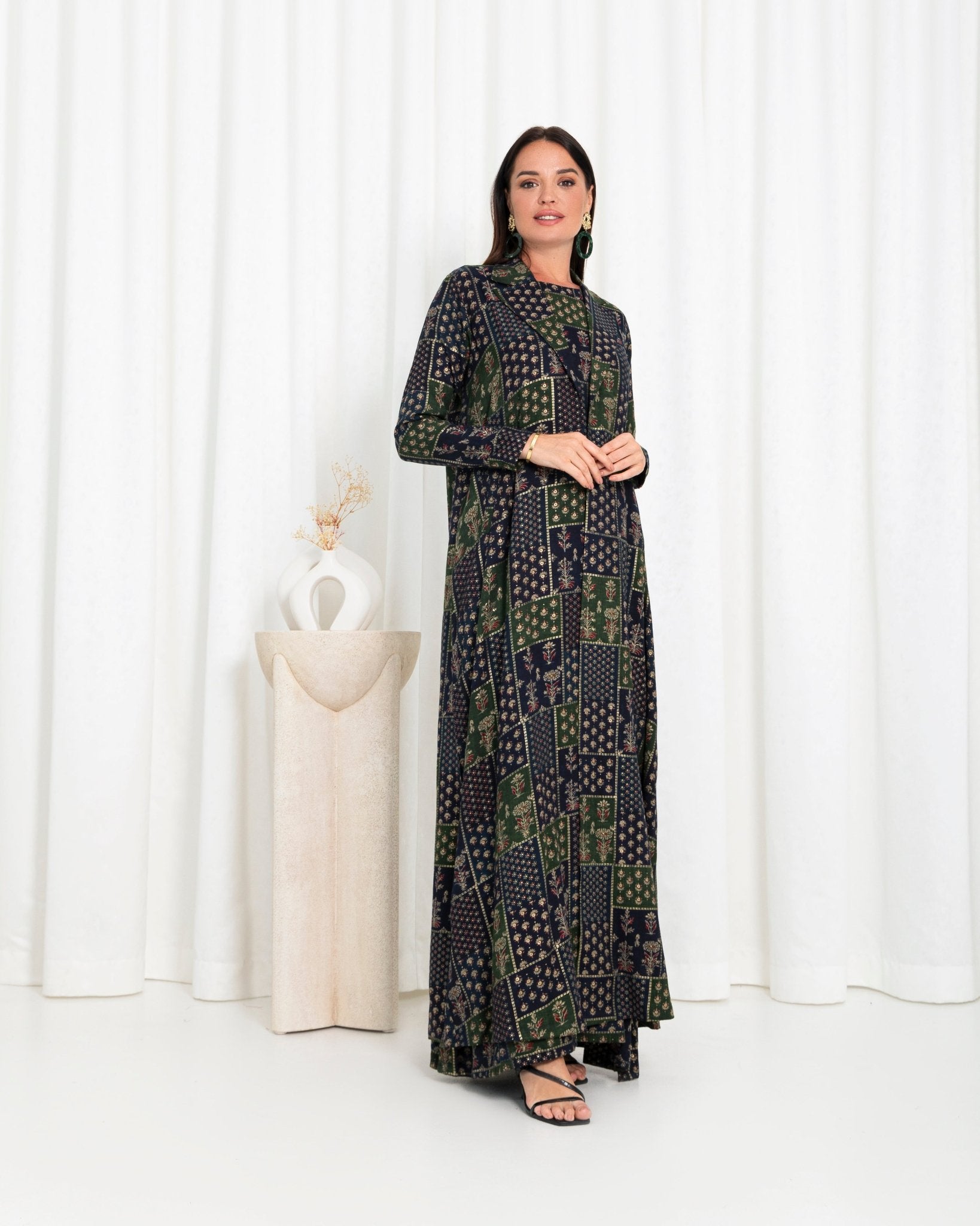 Green Floral Check Jacket Abaya - fashion by shehna