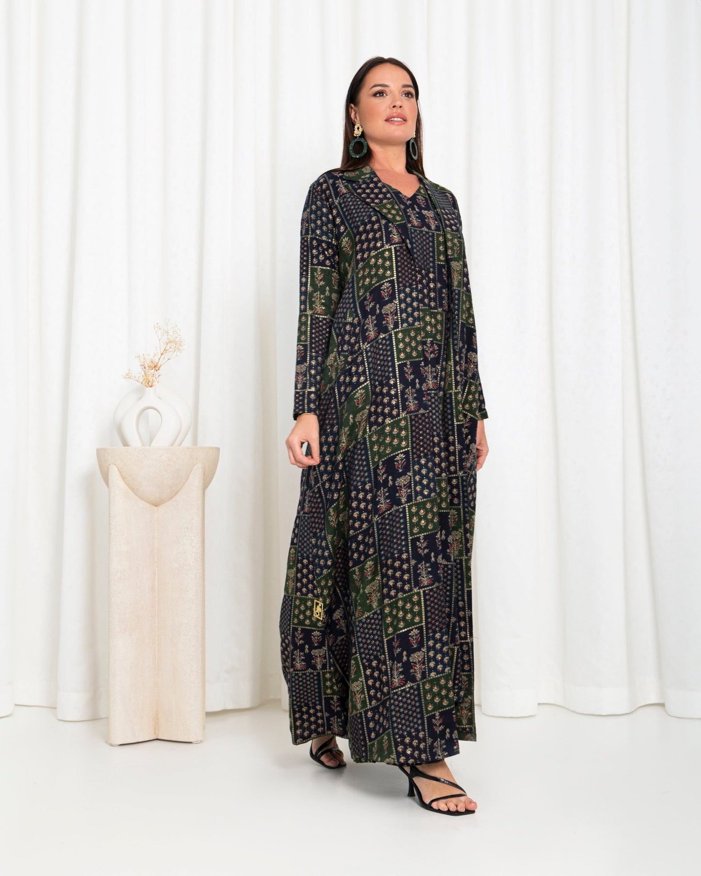 Green Floral Check Jacket Abaya - fashion by shehna