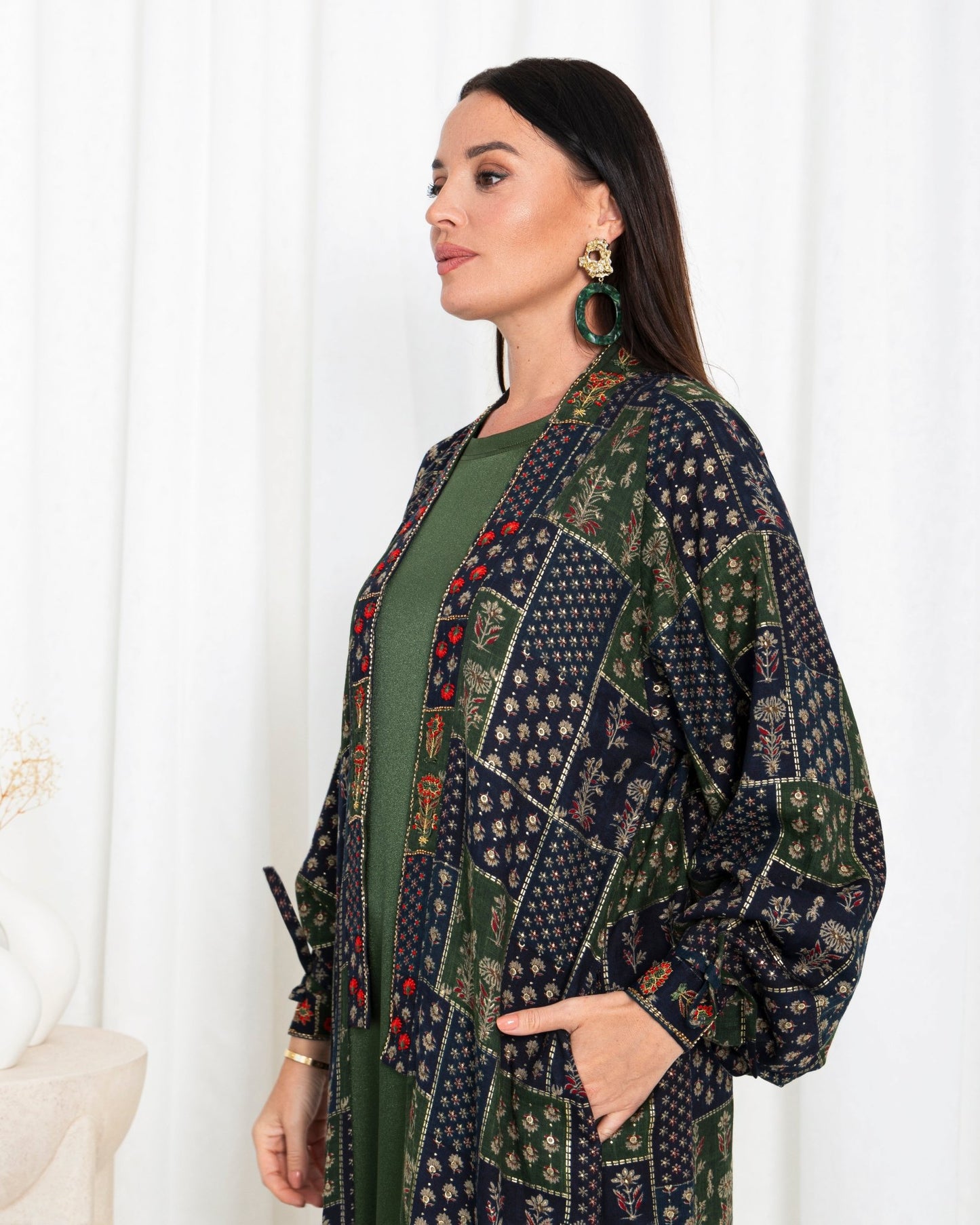 Green Floral Check Kimono Abaya - fashion by shehna