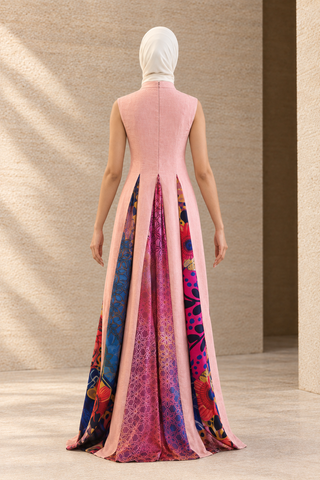 Gulnaar panelled linen and silk dress, full-length back editorial model view; AI-styled