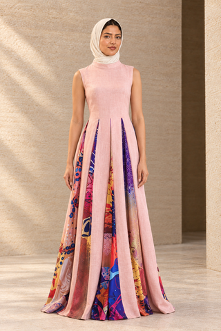 Gulnaar sleeveless blush-pink linen and printed silk panel dress, front editorial model view; AI-styled