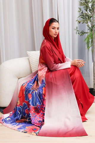 Ishq | Red Ombré Abaya with Silk Floral Back abaya - fashion by shehna