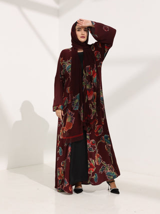 Kashmir Bloom Abaya – Burgundy Garden Floral Edition - fashion by shehna