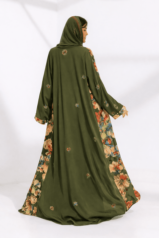 Kashmir Bloom Abaya – Olive Garden Floral Edition - fashion by shehna