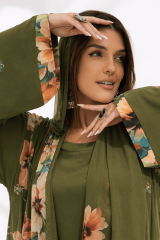 Kashmir Bloom Abaya – Olive Garden Floral Edition - fashion by shehna