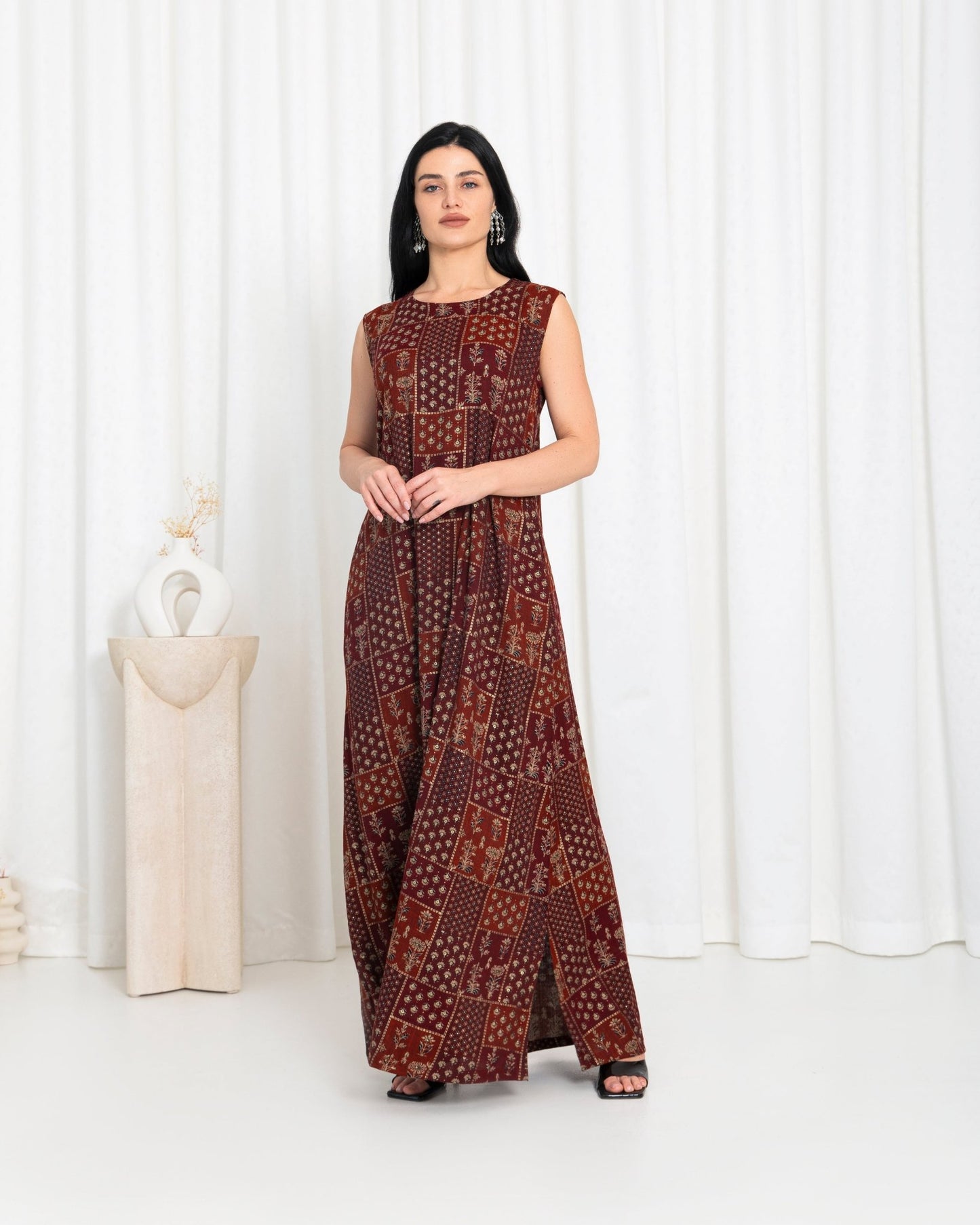 Maroon Floral Check Dress - fashion by shehna