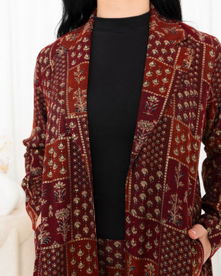 Maroon Floral Check Jacket Abaya - fashion by shehna