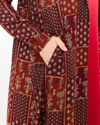 Maroon Floral Check Jacket Abaya - fashion by shehna