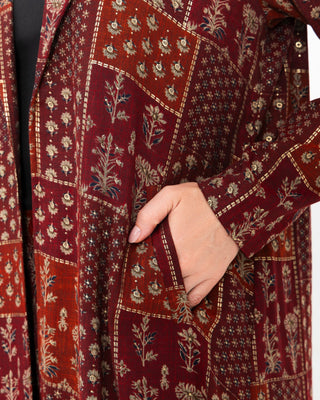 Maroon Floral Check Jacket Abaya - fashion by shehna