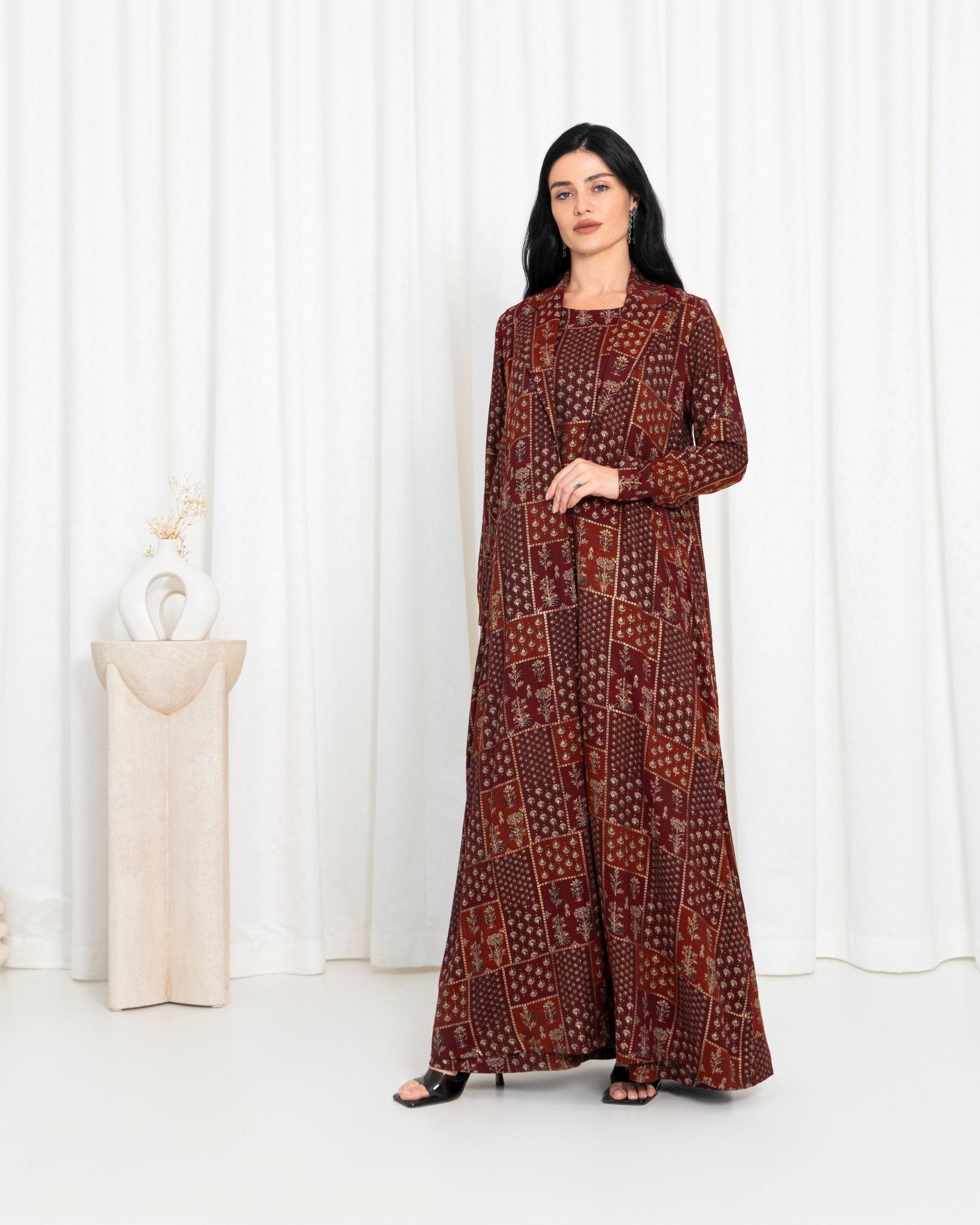 Maroon Floral Check Jacket Abaya - fashion by shehna