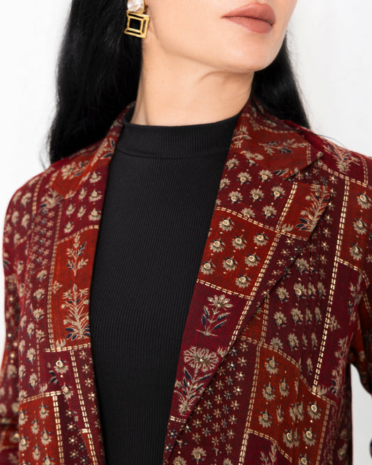 Maroon Floral Check Jacket Abaya - fashion by shehna