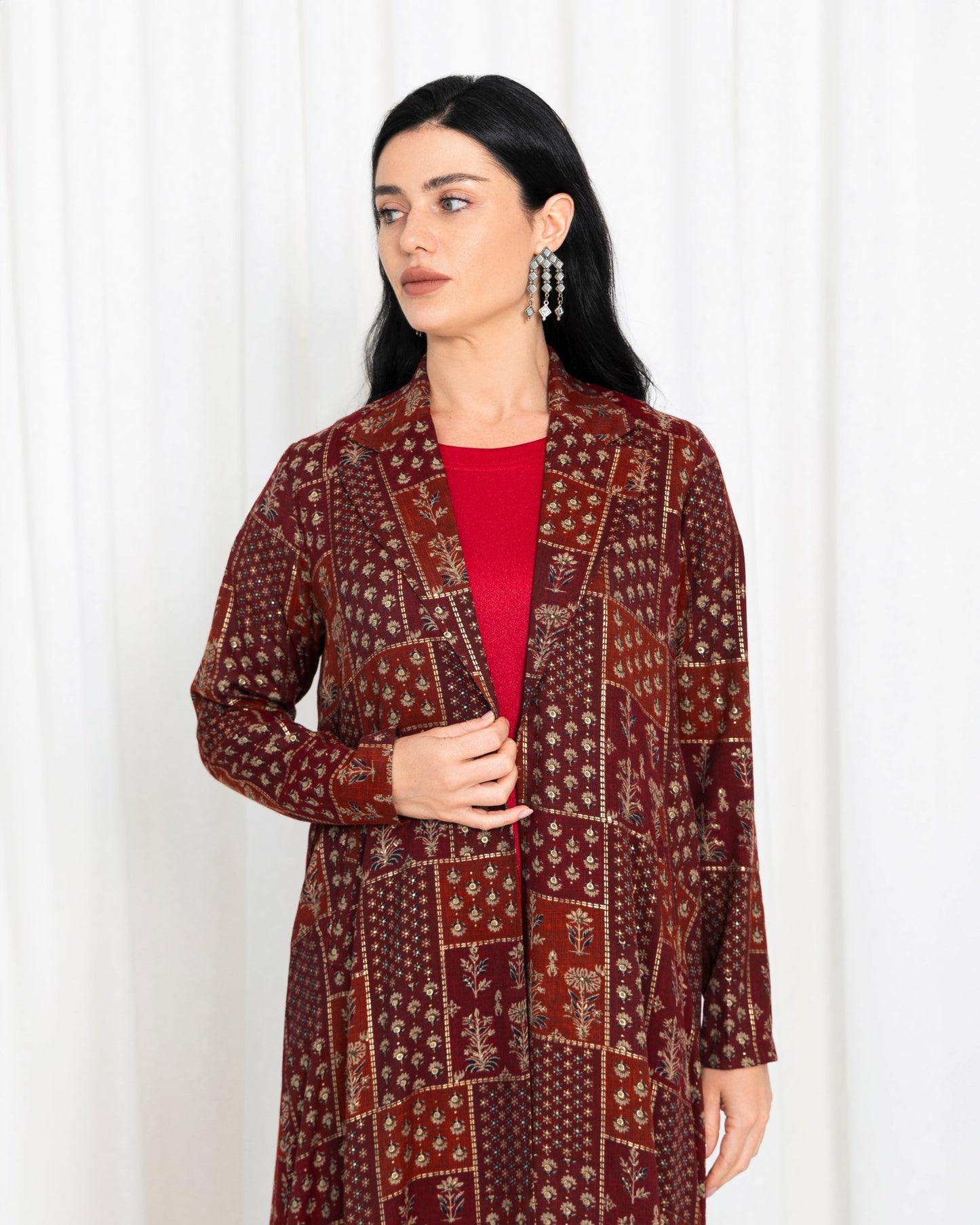 Maroon Floral Check Jacket Abaya - fashion by shehna