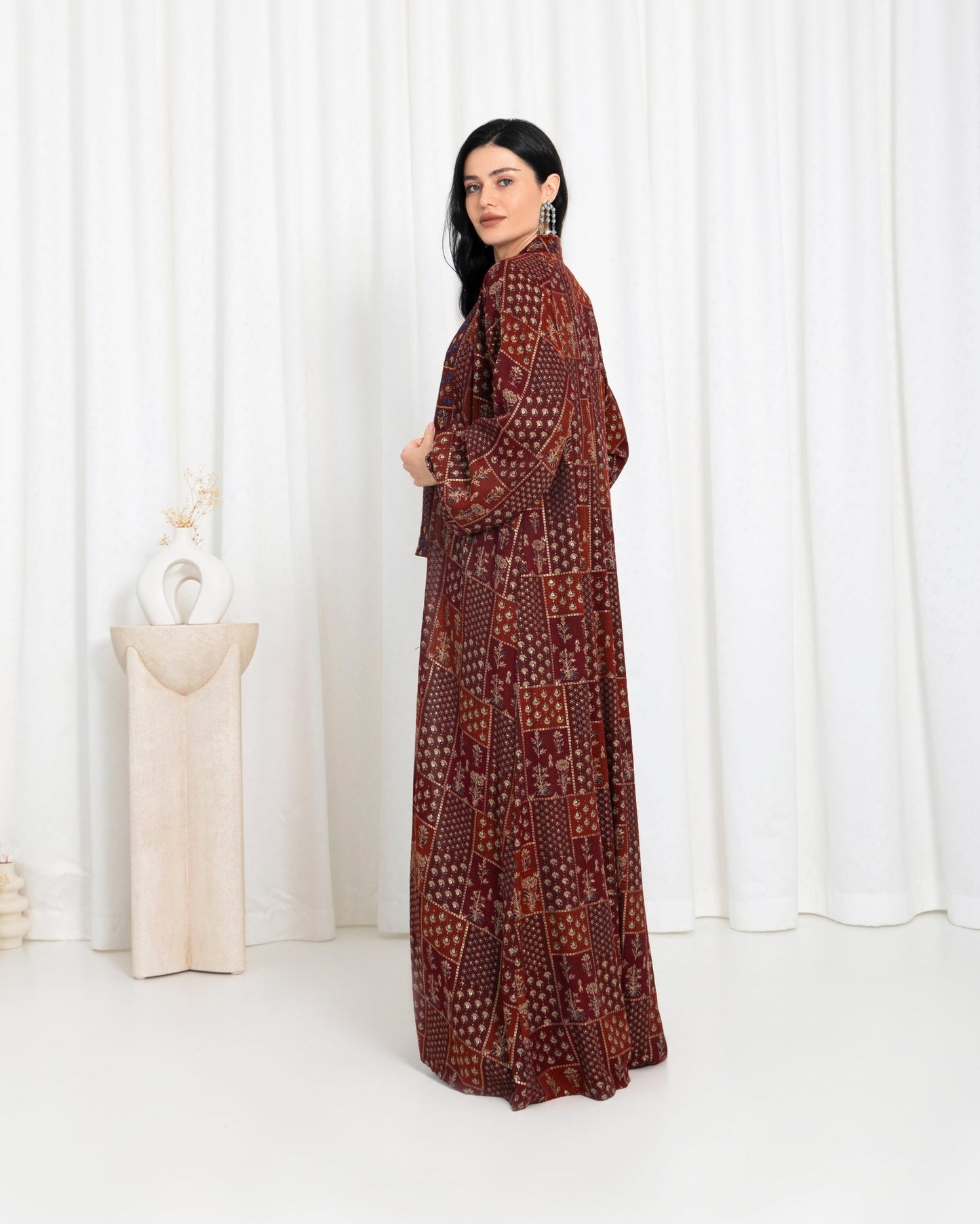 Maroon Floral Check Kimono Abaya - fashion by shehna