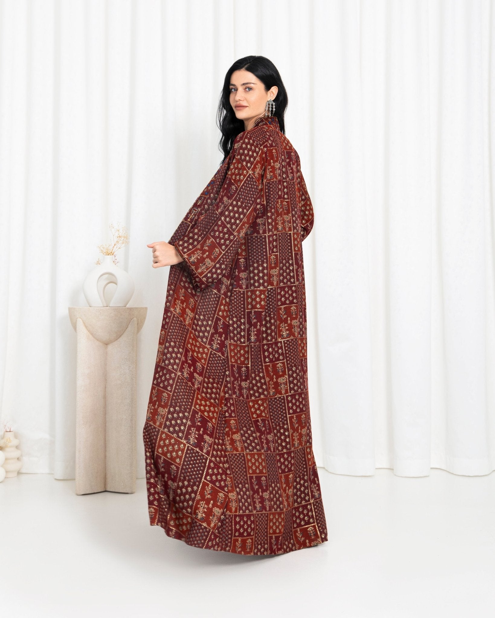 Maroon Floral Check Kimono Abaya - fashion by shehna