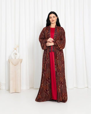 Maroon Floral Check Kimono Abaya - fashion by shehna