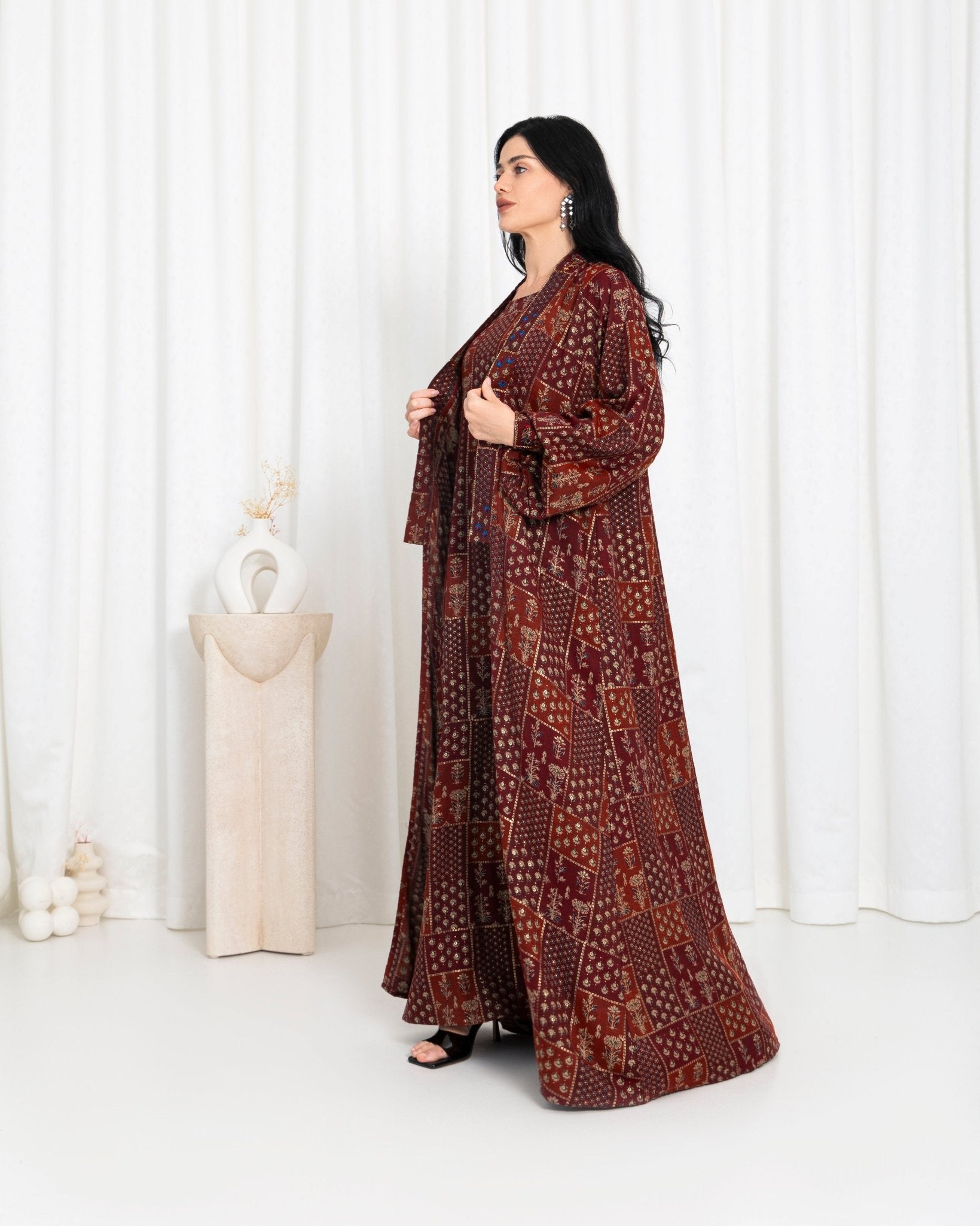 Maroon Floral Check Kimono Abaya - fashion by shehna