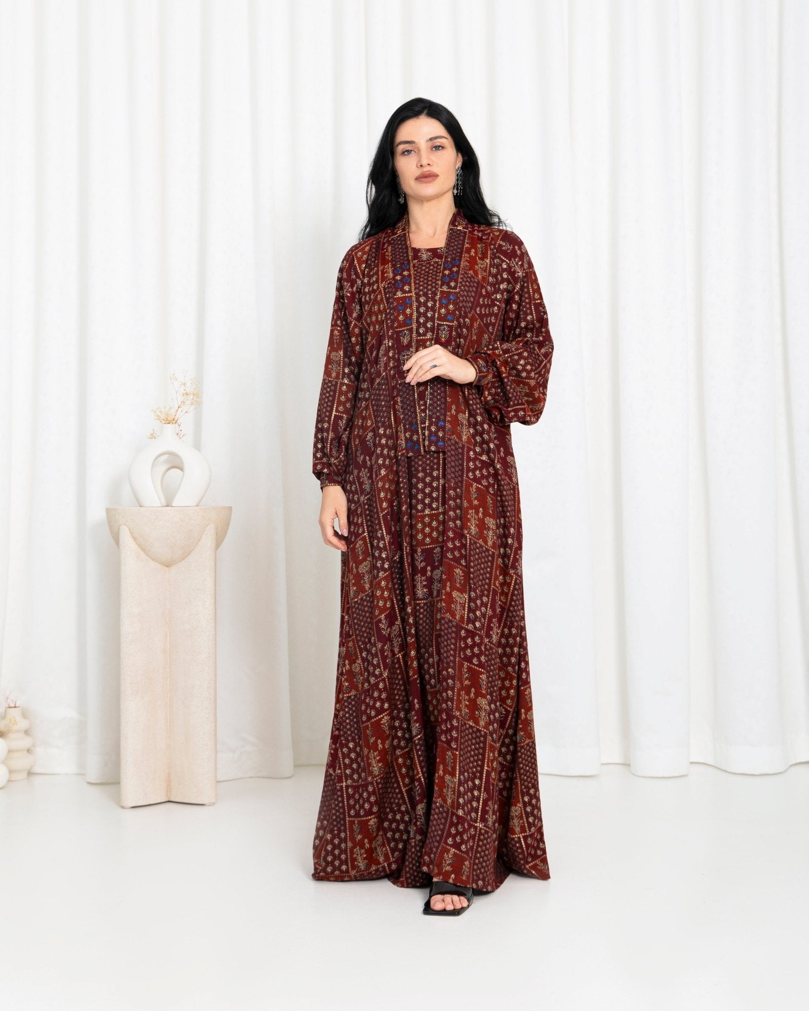 Maroon Floral Check Kimono Abaya - fashion by shehna