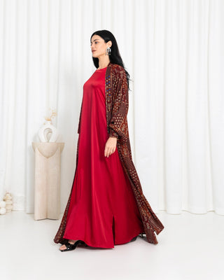 Maroon Floral Check Kimono Abaya - fashion by shehna