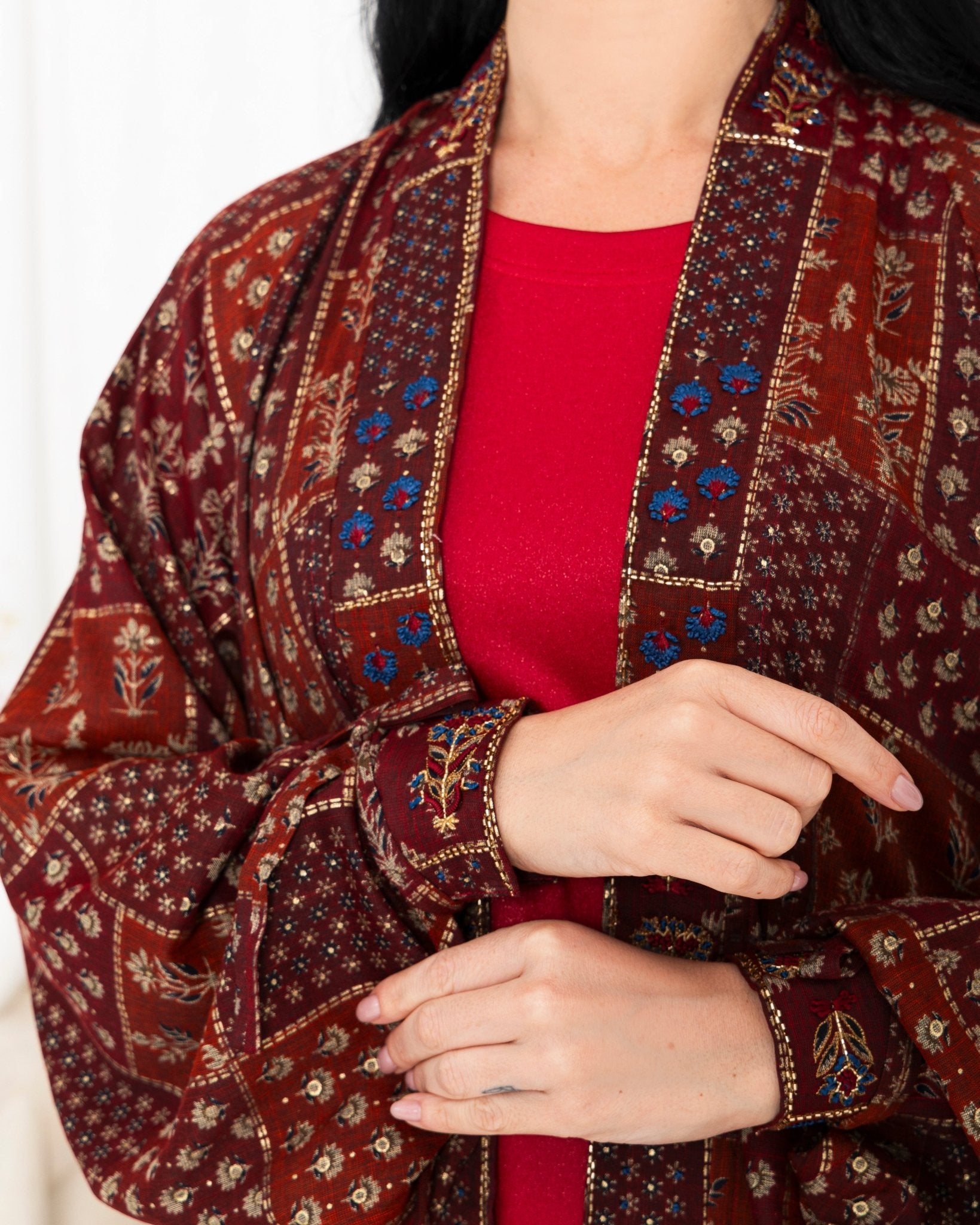 Maroon Floral Check Kimono Abaya - fashion by shehna