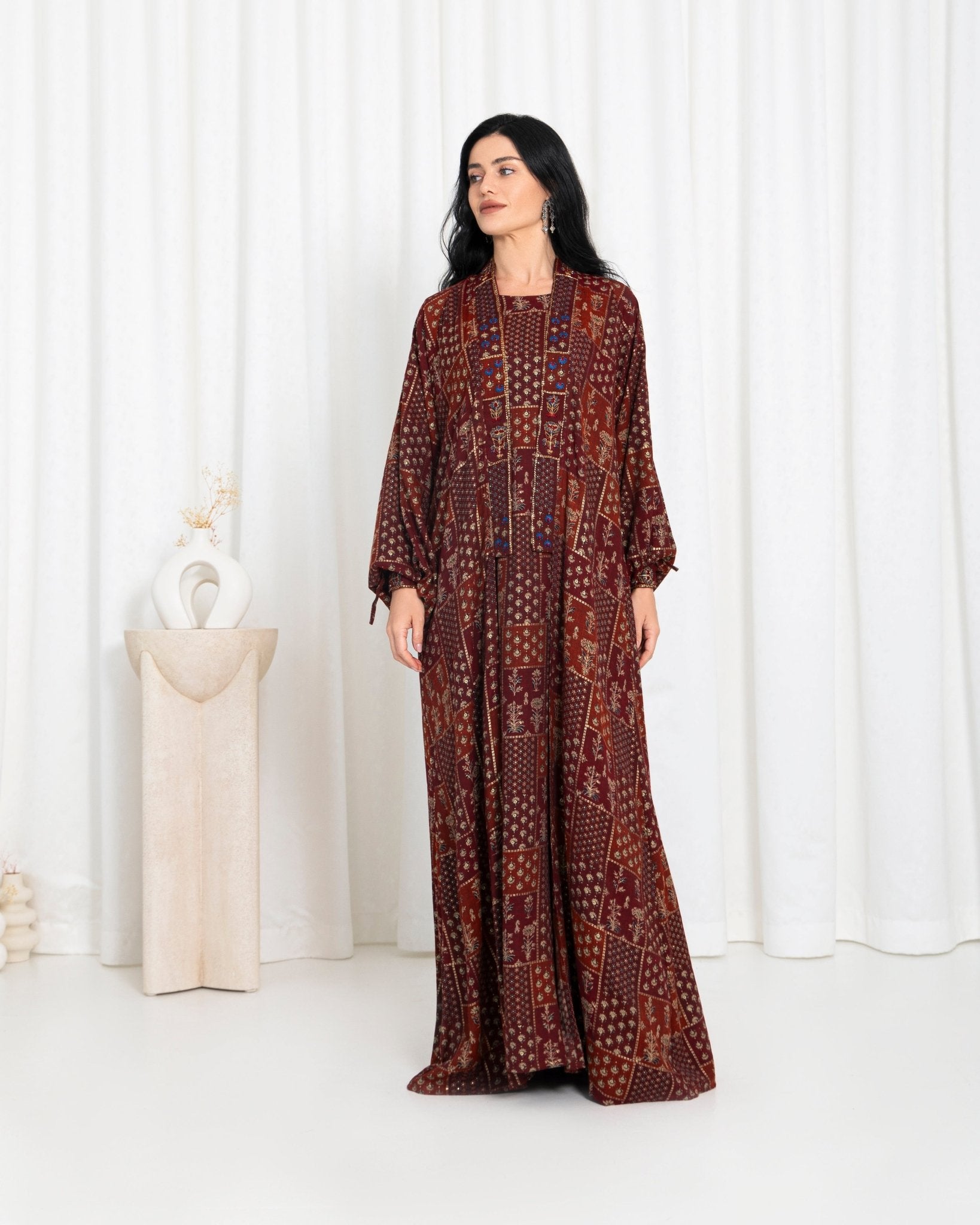 Maroon Floral Check Kimono Abaya - fashion by shehna