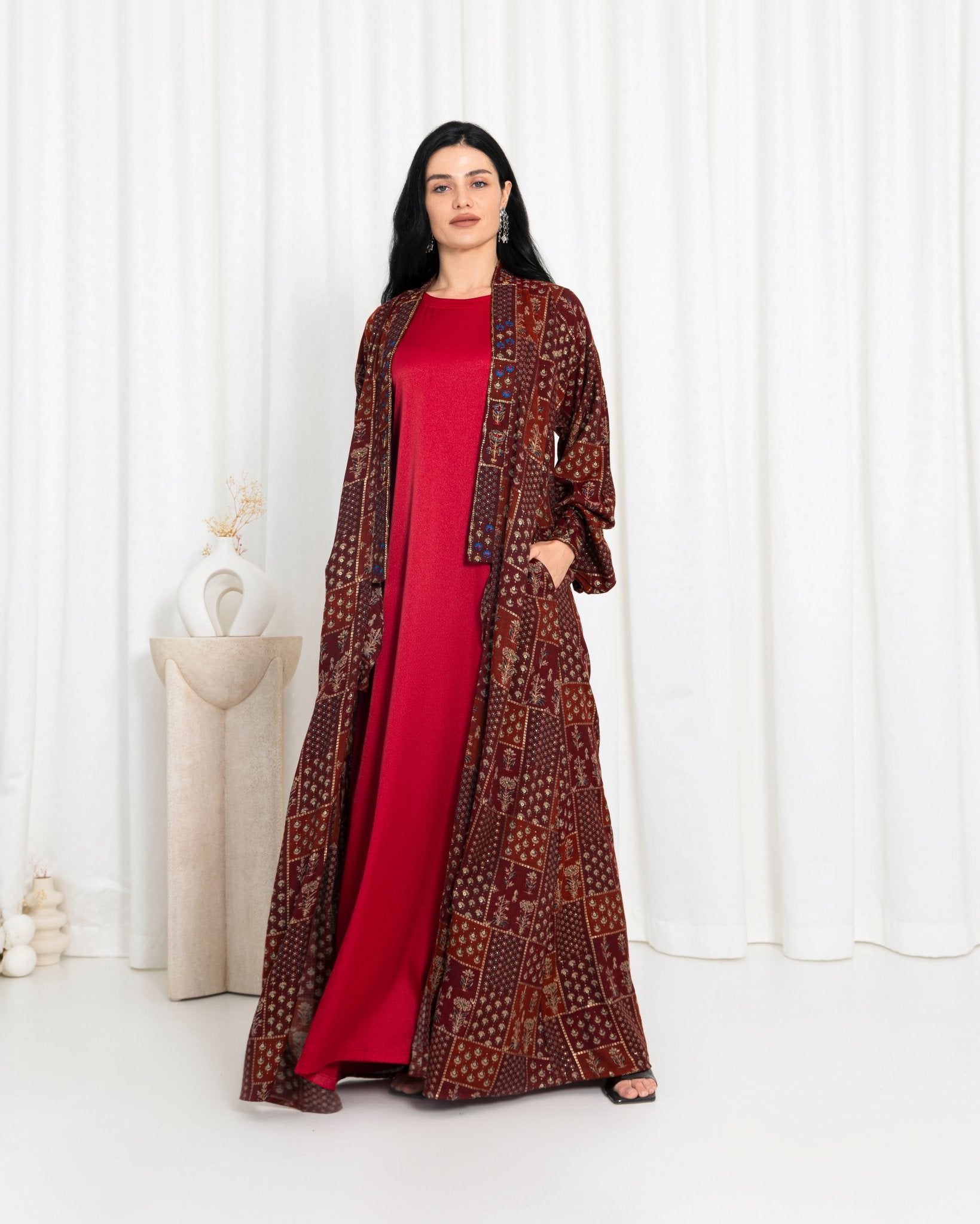 Maroon Floral Check Kimono Abaya - fashion by shehna