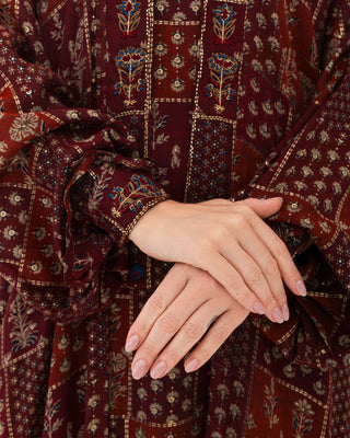 Maroon Floral Check Kimono Abaya - fashion by shehna