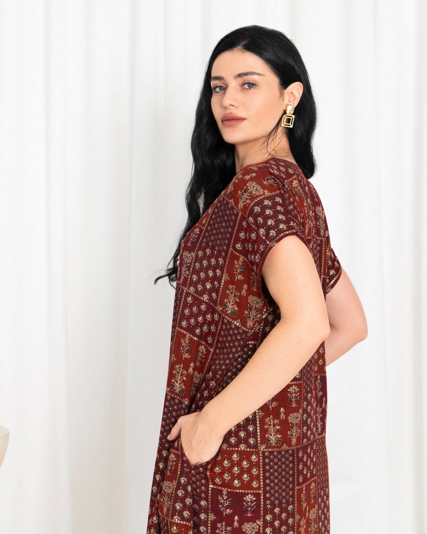 Maroon Floral Check Kimono Dress - fashion by shehna