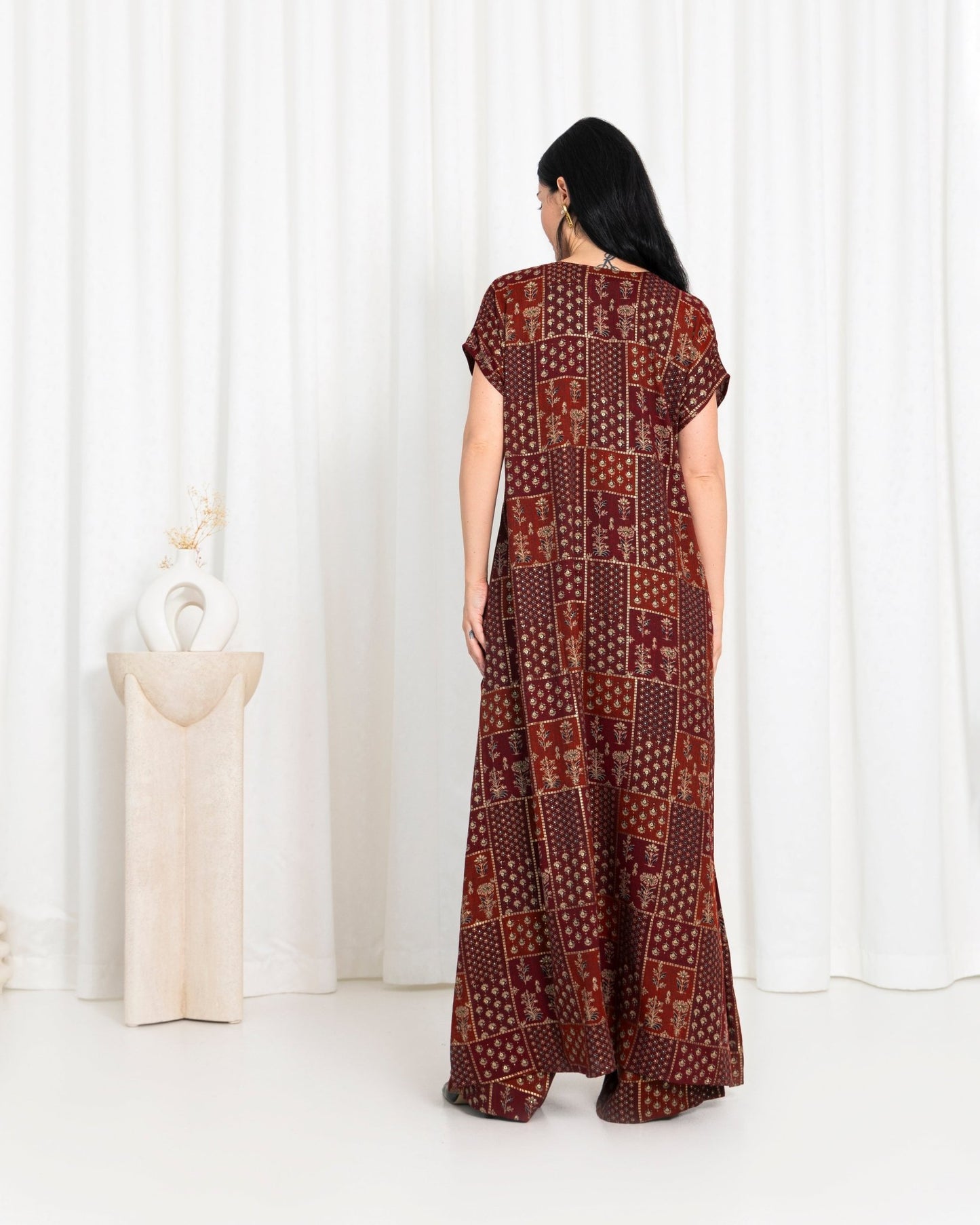 Maroon Floral Check Kimono Dress - fashion by shehna