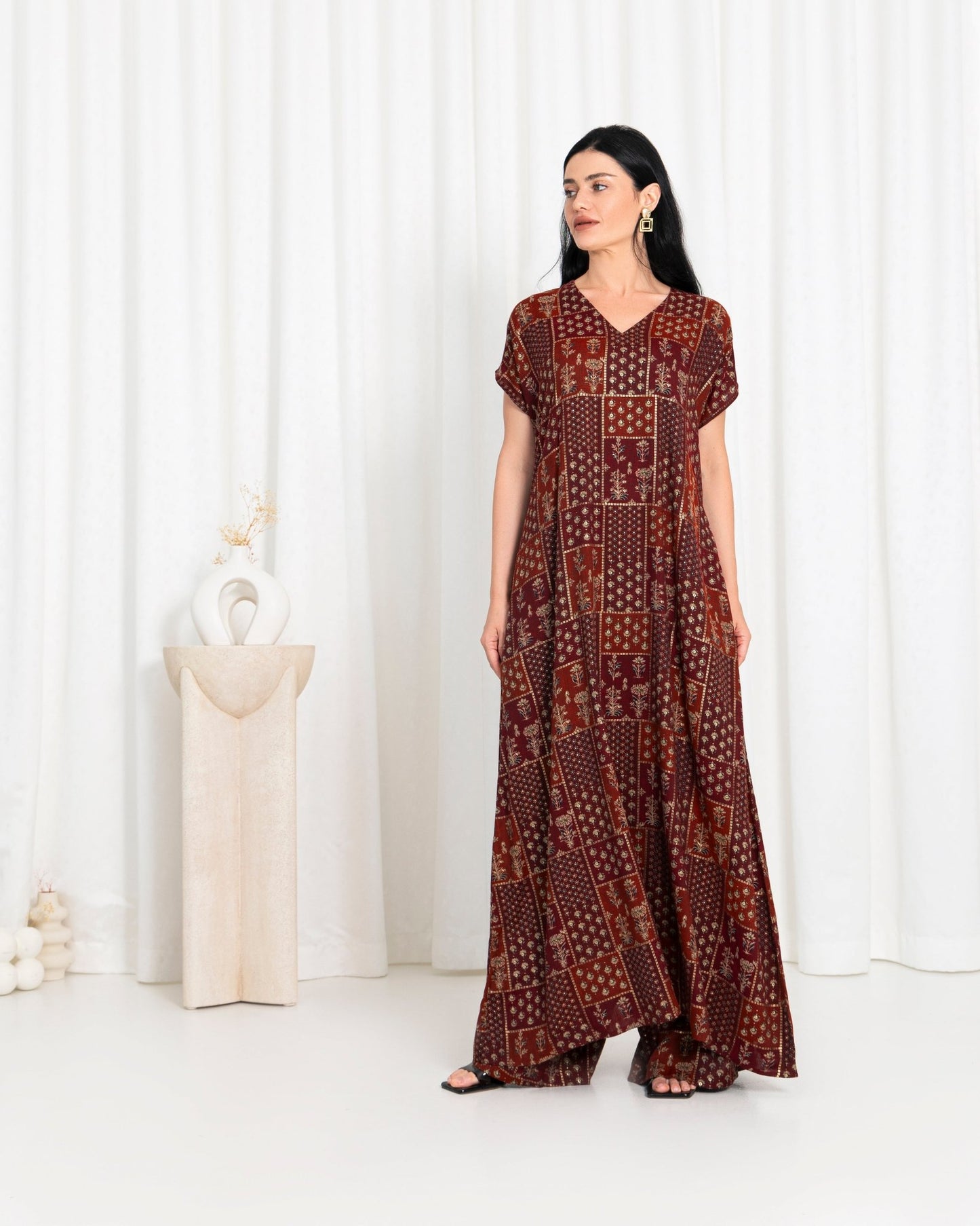 Maroon Floral Check Kimono Dress - fashion by shehna