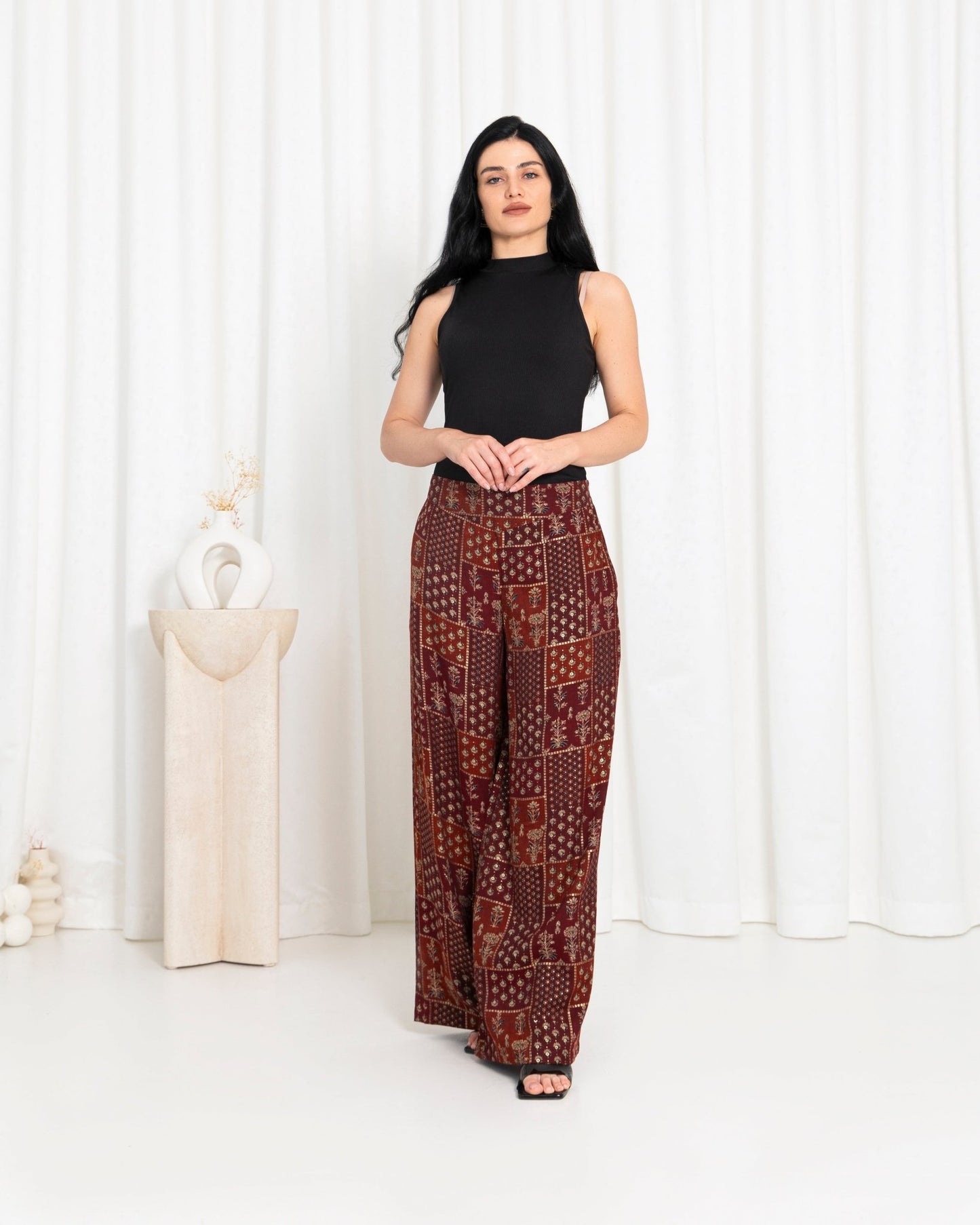 Maroon Floral Check Pants - fashion by shehna