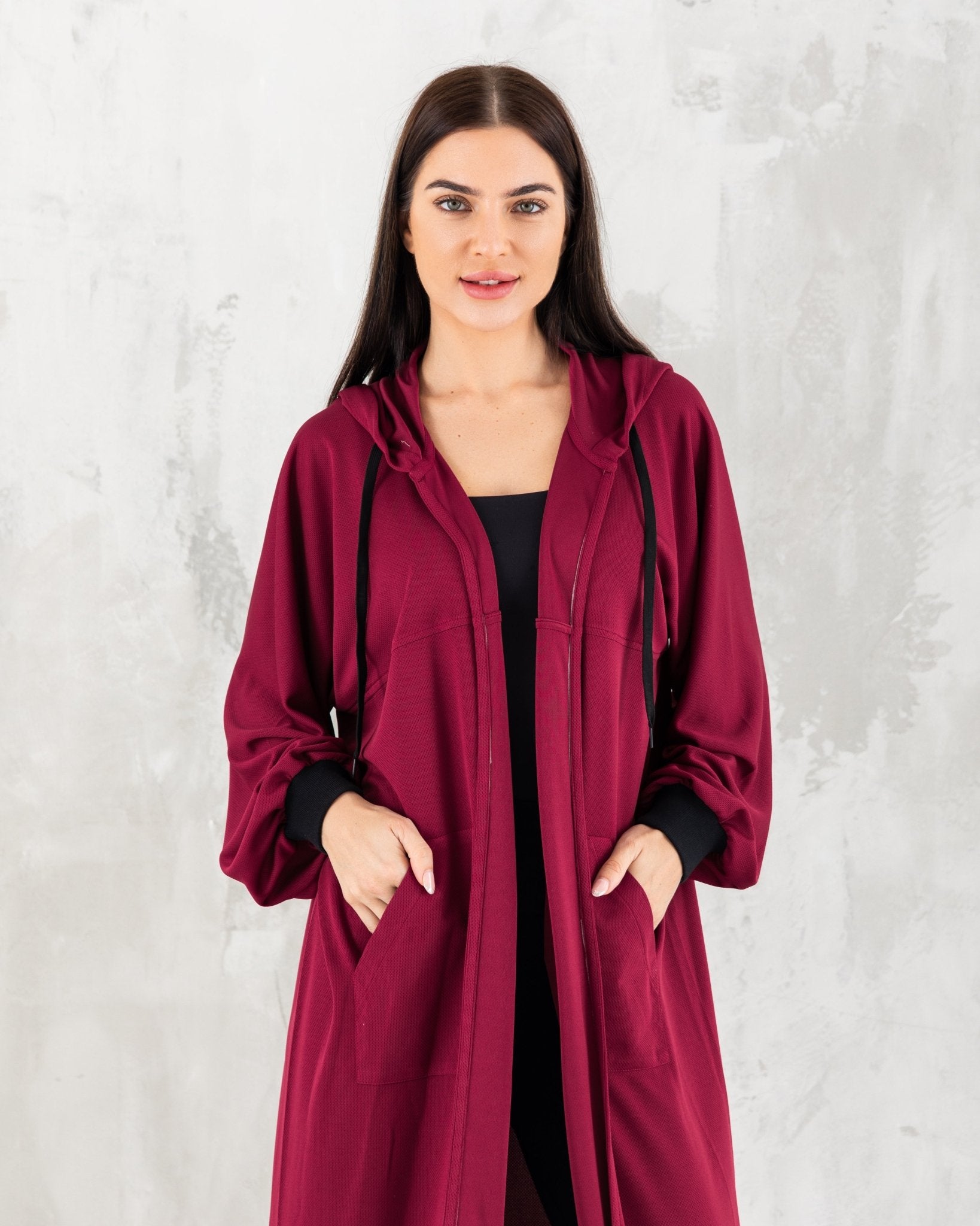 Maroon Hoodie Long Jacket - fashion by shehna