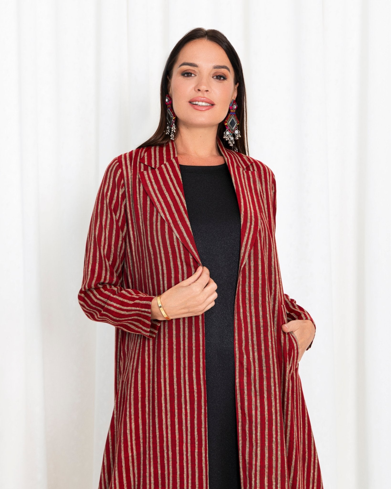 Maroon Stripe Jacket Abaya - fashion by shehna