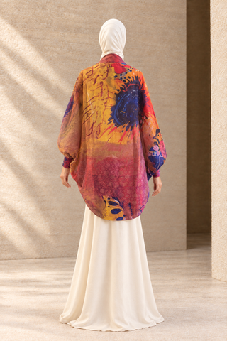 Naqsh Silk Organza Bolero, rounded cocoon back over a plain ivory dress; bolero only, dress not included; AI-styled editorial view