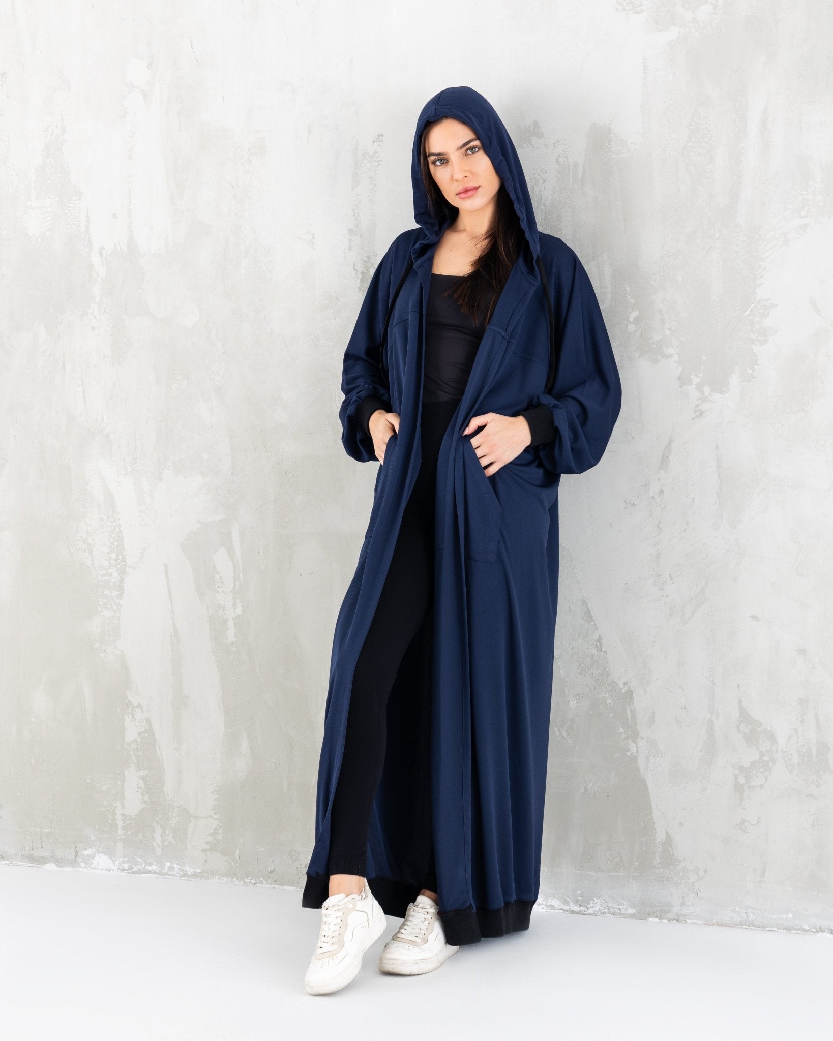 Navy Blue Hoodie Long Jacket - fashion by shehna