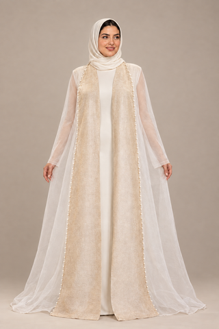 Noor organza abaya with long sheer organza sleeves; AI-generated styling visualization