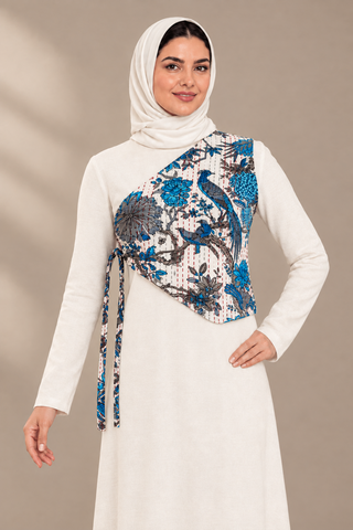 Parwaaz One-Shoulder Tie Waistcoat, Dark Blue & Grey print on white, corrected front model image. Digitally styled.