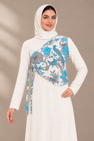 Parwaaz One-Shoulder Tie Waistcoat, Light Blue & Grey print on white, front model image. Digitally styled.