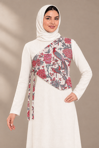 Parwaaz One-Shoulder Tie Waistcoat, Red & Grey print on white, front model image. Digitally styled.