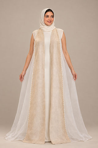 Noor organza abaya, sleeveless option, front view